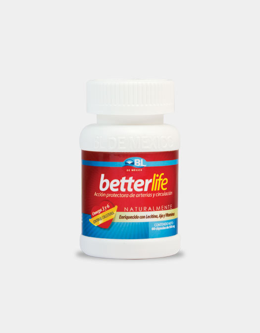<strong>Better Life</strong> presenta acción protectora de la acumulación de colesterol en las arterias al mismo tiempo genera un estimulo benéfico en la circulación sanguínea. <br><br><strong>Indicaciones;</strong><br>Niveles Altos de Colesterol y endurecimiento de las arterias, triglicéridos, arterosclerosis, enfermedades coronarias, protector de los factores de riesgo en problemas cardiacos e hipertensión, problemas de la circulación en general (varices, flebitis), hemorroides.<br><br><strong>